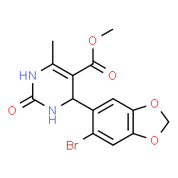 ChemSpider 2D Image | Methyl 4-(6-bromo-1,3-benzodioxol-5-yl)-6-methyl-2-oxo-1,2,3,4-tetrahydro-5-pyrimidinecarboxylate | C14H13BrN2O5
