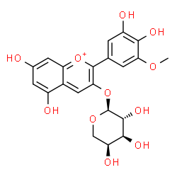ChemSpider 2D Image | 2-(3,4-Dihydroxy-5-methoxyphenyl)-5,7-dihydroxy-3-chromeniumyl alpha-L-arabinopyranoside | C21H21O11
