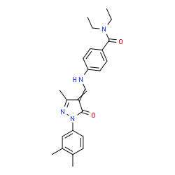 ChemSpider 2D Image | 4-({[1-(3,4-Dimethylphenyl)-3-methyl-5-oxo-1,5-dihydro-4H-pyrazol-4-ylidene]methyl}amino)-N,N-diethylbenzamide | C24H28N4O2