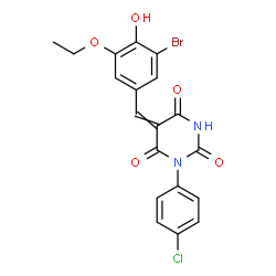 ChemSpider 2D Image | 5-(3-Bromo-5-ethoxy-4-hydroxybenzylidene)-1-(4-chlorophenyl)-2,4,6(1H,3H,5H)-pyrimidinetrione | C19H14BrClN2O5