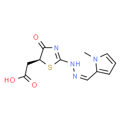 ChemSpider 2D Image | [(5S)-2-{(2Z)-2-[(1-Methyl-1H-pyrrol-2-yl)methylene]hydrazino}-4-oxo-4,5-dihydro-1,3-thiazol-5-yl]acetic acid | C11H12N4O3S