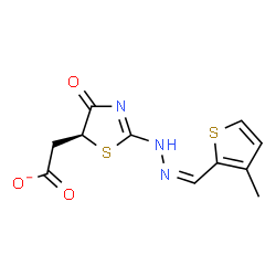 ChemSpider 2D Image | [(5S)-2-{(2Z)-2-[(3-Methyl-2-thienyl)methylene]hydrazino}-4-oxo-4,5-dihydro-1,3-thiazol-5-yl]acetate | C11H10N3O3S2