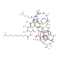 ChemSpider 2D Image | (1S,2R,19R,22R,33S,36R,39R,51S)-5,31-Dichloro-51-{[3-(dimethylamino)propyl]carbamoyl}-2,25,30,43,48-pentahydroxy-46-(alpha-D-mannopyranosyloxy)-22-(methylamino)-21,34,37,53,55,58-hexaoxo-7,13,27-triox
a-20,35,38,52,54,57-hexaazaundecacyclo[37.14.2.2~3,6~.2~14,17~.2~19,33~.2~23,26~.1~8,12~.1~28,32~.1~40,44~.0~10,36~.0~45,50~]hexahexaconta-3,5,8(64),9,11,14,16,23,25,28(59),29,31,40(56),41,43,45,47,49
,60,62,65-henicosaen-64-yl 2-deoxy-2-[(10-methylundecanoyl)amino]-beta-D-glucopyranosiduronic acid | C88H100Cl2N10O28
