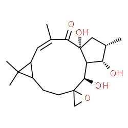 ChemSpider 2D Image | (2Z,4aR,6S,7S,8R)-4a,7,8-Trihydroxy-1,1,3,6-tetramethyl-1a,4a,5,6,7,7a,8,10,11,11a-decahydrospiro[cyclopenta[a]cyclopropa[f][11]annulene-9,2'-oxiran]-4(1H)-one | C20H30O5
