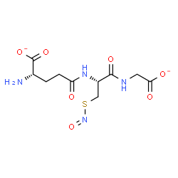 ChemSpider 2D Image | (2S)-2-Amino-5-{[(2R)-1-[(carboxylatomethyl)amino]-3-(nitrososulfanyl)-1-oxo-2-propanyl]amino}-5-oxopentanoate | C10H14N4O7S