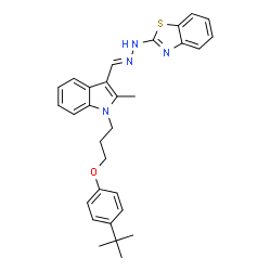 ChemSpider 2D Image | 2-{(2E)-2-[(2-Methyl-1-{3-[4-(2-methyl-2-propanyl)phenoxy]propyl}-1H-indol-3-yl)methylene]hydrazino}-1,3-benzothiazole | C30H32N4OS