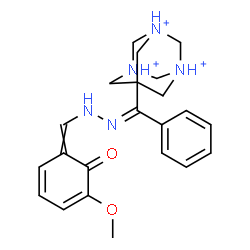 ChemSpider 2D Image | 7-[(Z)-{[(5-Methoxy-6-oxo-2,4-cyclohexadien-1-ylidene)methyl]hydrazono}(phenyl)methyl]-1,3,5-triazoniatricyclo[3.3.1.1~3,7~]decane | C22H28N5O2