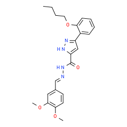 ChemSpider 2D Image | 3-(2-Butoxyphenyl)-N'-[(E)-(3,4-dimethoxyphenyl)methylene]-1H-pyrazole-5-carbohydrazide | C23H26N4O4