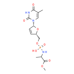 ChemSpider 2D Image | Methyl N-(hydroxy{[(2S,5R)-5-(5-methyl-2,4-dioxo-3,4-dihydro-1(2H)-pyrimidinyl)-2,5-dihydro-2-furanyl]methoxy}phosphoryl)alaninate | C14H20N3O8P