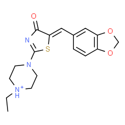 ChemSpider 2D Image | 4-[(5Z)-5-(1,3-Benzodioxol-5-ylmethylene)-4-oxo-4,5-dihydro-1,3-thiazol-2-yl]-1-ethylpiperazin-1-ium | C17H20N3O3S
