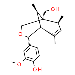 ChemSpider 2D Image | 4-[(1R,2R,5R,6S,9R)-5-(Hydroxymethyl)-6,8,9-trimethyl-3-oxabicyclo[3.3.1]non-7-en-2-yl]-2-methoxyphenol | C19H26O4
