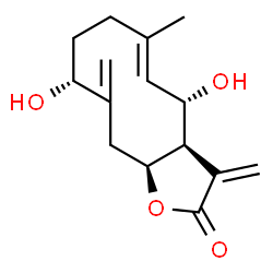 ChemSpider 2D Image | (3aR,4S,5E,9R,11aS)-4,9-Dihydroxy-6-methyl-3,10-bis(methylene)-3a,4,7,8,9,10,11,11a-octahydrocyclodeca[b]furan-2(3H)-one | C15H20O4