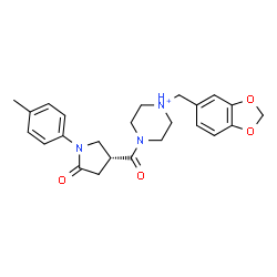 ChemSpider 2D Image | 1-(1,3-Benzodioxol-5-ylmethyl)-4-{[(3R)-1-(4-methylphenyl)-5-oxo-3-pyrrolidinyl]carbonyl}piperazin-1-ium | C24H28N3O4