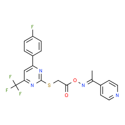 ChemSpider 2D Image | 2-{[4-(4-Fluorophenyl)-6-(trifluoromethyl)-2-pyrimidinyl]sulfanyl}-1-({(E)-[1-(4-pyridinyl)ethylidene]amino}oxy)ethanone | C20H14F4N4O2S
