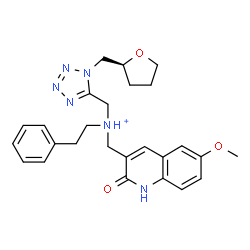 ChemSpider 2D Image | N-[(6-Methoxy-2-oxo-1,2-dihydro-3-quinolinyl)methyl]-2-phenyl-N-({1-[(2S)-tetrahydro-2-furanylmethyl]-1H-tetrazol-5-yl}methyl)ethanaminium | C26H31N6O3