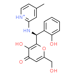ChemSpider 2D Image | 2-{[(S)-[3-Hydroxy-6-(hydroxymethyl)-4-oxo-4H-pyran-2-yl](2-hydroxyphenyl)methyl]amino}-4-methylpyridinium | C19H19N2O5