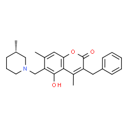 ChemSpider 2D Image | 3-Benzyl-5-hydroxy-4,7-dimethyl-6-{[(3S)-3-methyl-1-piperidinyl]methyl}-2H-chromen-2-one | C25H29NO3