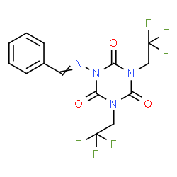 ChemSpider 2D Image | 1-(Benzylideneamino)-3,5-bis(2,2,2-trifluoroethyl)-1,3,5-triazinane-2,4,6-trione | C14H10F6N4O3
