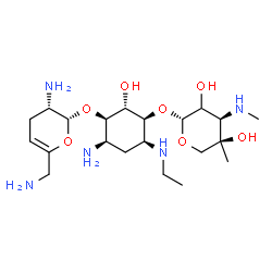 ChemSpider 2D Image | (1S,2S,3R,4R,6S)-4-Amino-3-{[(2R,3S)-3-amino-6-(aminomethyl)-3,4-dihydro-2H-pyran-2-yl]oxy}-6-(ethylamino)-2-hydroxycyclohexyl (2xi)-3-deoxy-4-C-methyl-3-(methylamino)-beta-L-erythro-pentopyranoside | C21H41N5O7