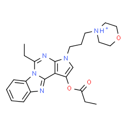 ChemSpider 2D Image | 4-{3-[5-Ethyl-1-(propionyloxy)-3H-pyrrolo[2',3':4,5]pyrimido[1,6-a]benzimidazol-3-yl]propyl}morpholin-4-ium | C24H30N5O3