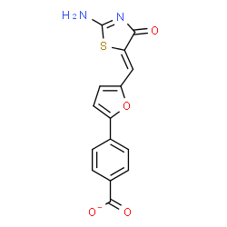 ChemSpider 2D Image | 4-{5-[(Z)-(2-Amino-4-oxo-1,3-thiazol-5(4H)-ylidene)methyl]-2-furyl}benzoate | C15H9N2O4S