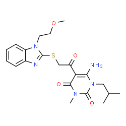 ChemSpider 2D Image | 6-Amino-1-isobutyl-5-({[1-(2-methoxyethyl)-1H-benzimidazol-2-yl]sulfanyl}acetyl)-3-methyl-2,4(1H,3H)-pyrimidinedione | C21H27N5O4S