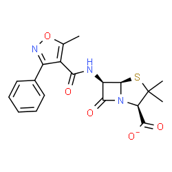 ChemSpider 2D Image | (2R,5R,6R)-3,3-Dimethyl-6-{[(5-methyl-3-phenyl-1,2-oxazol-4-yl)carbonyl]amino}-7-oxo-4-thia-1-azabicyclo[3.2.0]heptane-2-carboxylate | C19H18N3O5S