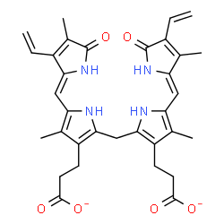 ChemSpider 2D Image | 1,10,19,22,23,24-hexahydro-2,7,13,17-tetramethyl-1,19-dioxo-3,18-divinyl-Biline-8,12-dipropionate | C33H34N4O6