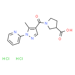 ChemSpider 2D Image | 1-{[5-Methyl-1-(2-pyridinyl)-1H-pyrazol-4-yl]carbonyl}-3-pyrrolidinecarboxylic acid dihydrochloride | C15H18Cl2N4O3