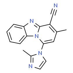ChemSpider 2D Image | Pyrido[1,2-a]benzimidazole-4-carbonitrile, 3-methyl-1-(2-methylimidazol-1-yl)- | C17H13N5