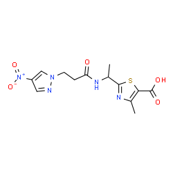 ChemSpider 2D Image | 4-Methyl-2-(1-{[3-(4-nitro-1H-pyrazol-1-yl)propanoyl]amino}ethyl)-1,3-thiazole-5-carboxylic acid | C13H15N5O5S