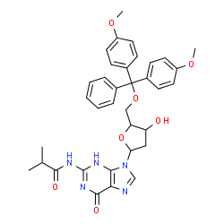 ChemSpider 2D Image | 9-{5-O-[Bis(4-methoxyphenyl)(phenyl)methyl]-2-deoxypentofuranosyl}-2-(isobutyrylamino)-3,9-dihydro-6H-purin-6-one | C35H37N5O7