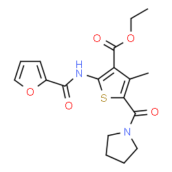 ChemSpider 2D Image | Ethyl 2-(2-furoylamino)-4-methyl-5-(1-pyrrolidinylcarbonyl)-3-thiophenecarboxylate | C18H20N2O5S