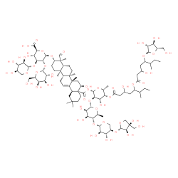 ChemSpider 2D Image | (2S,3S,4S,5R,6R)-6-[[(3S,4S,4aR,6aR,6bS,8R,8aR,12aS,14aR,14bR)-8a-[(2S,3R,4S,5R,6R)-3-[(2S,3R,4S,5R,6S)-5-[(2S,3R,4R,5R)-5-[(2S,3R,4R)-3,4-dihydroxy-4-(hydroxymethyl)tetrahydrofuran-2-yl]oxy-3,4-dihydroxy-tetrahydropyran-2-yl]oxy-3,4-dihydroxy-6-methyl-tetrahydropyran-2-yl]oxy-5-[5-[5-[(2R,3R,4R,5S)-3,4-dihydroxy-5-(hydroxymethyl)tetrahydrofuran-2-yl]oxy-3-hydroxy-6-methyl-octanoyl]oxy-3-hydroxy-6-methyl-octanoyl]oxy-4-hydroxy-6-methyl-tetrahydropyran-2-yl]oxycarbonyl-4-formyl-8-hydroxy-4,6a,6b,11,11,14b-hexamethyl-1,2,3,4a,5,6,7,8,9,10,12,12a,14,14a-tetradecahydropicen-3-yl]oxy]-3-hydroxy-5-[(2R,3R,4S,5R,6R)-3,4,5-trihydroxy-6-(hydroxymethyl)tetrahydropyran-2-yl]oxy-4-[(2S,3R,4S,5R)-3,4,5-trihydroxytetrahydropyran-2-yl]oxy-tetrahydropyran-2-carboxylic acid | C92H148O46