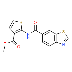 ChemSpider 2D Image | Methyl 2-[(1,3-benzothiazol-6-ylcarbonyl)amino]-3-thiophenecarboxylate | C14H10N2O3S2