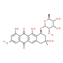 ChemSpider 2D Image | (1S,3R)-3,10,12-Trihydroxy-8-methoxy-3-methyl-6,11-dioxo-1,2,3,4,6,11-hexahydro-1-tetracenyl 6-deoxy-2-O-methyl-alpha-L-allopyranoside | C27H30O11