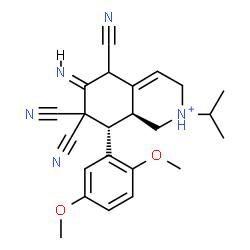 ChemSpider 2D Image | (6E,8S,8aS)-5,7,7-Tricyano-8-(2,5-dimethoxyphenyl)-6-imino-2-isopropyl-1,2,3,5,6,7,8,8a-octahydroisoquinolinium | C23H26N5O2