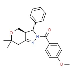 ChemSpider 2D Image | [(3R,3aS)-6,6-Dimethyl-3-phenyl-3a,4,6,7-tetrahydropyrano[4,3-c]pyrazol-2(3H)-yl](4-methoxyphenyl)methanone | C22H24N2O3