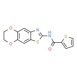 ChemSpider 2D Image | N-(6,7-Dihydro[1,4]dioxino[2,3-f][1,3]benzothiazol-2-yl)-2-thiophenecarboxamide | C14H10N2O3S2
