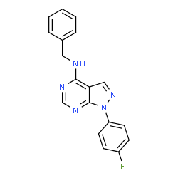 ChemSpider 2D Image | N-Benzyl-1-(4-fluorophenyl)-1H-pyrazolo[3,4-d]pyrimidin-4-amine | C18H14FN5