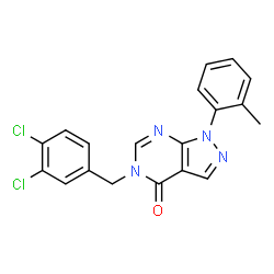 ChemSpider 2D Image | 5-(3,4-Dichlorobenzyl)-1-(2-methylphenyl)-1,5-dihydro-4H-pyrazolo[3,4-d]pyrimidin-4-one | C19H14Cl2N4O
