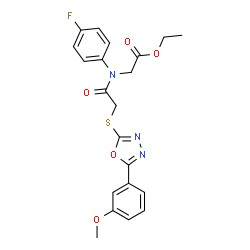 ChemSpider 2D Image | Ethyl N-(4-fluorophenyl)-N-({[5-(3-methoxyphenyl)-1,3,4-oxadiazol-2-yl]sulfanyl}acetyl)glycinate | C21H20FN3O5S
