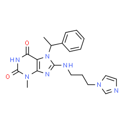 ChemSpider 2D Image | 8-{[3-(1H-Imidazol-1-yl)propyl]amino}-3-methyl-7-(1-phenylethyl)-3,7-dihydro-1H-purine-2,6-dione | C20H23N7O2