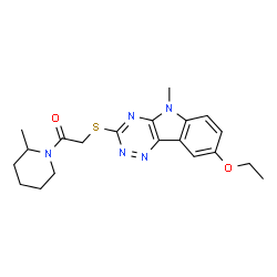 ChemSpider 2D Image | 2-(8-Ethoxy-5-methyl-5H-[1,2,4]triazino[5,6-b]indol-3-ylsulfanyl)-1-(2-methyl-piperidin-1-yl)-ethanone | C20H25N5O2S