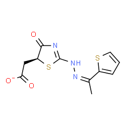 ChemSpider 2D Image | [(5S)-4-Oxo-2-{(2Z)-2-[1-(2-thienyl)ethylidene]hydrazino}-4,5-dihydro-1,3-thiazol-5-yl]acetate | C11H10N3O3S2