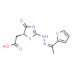 ChemSpider 2D Image | [(5R)-4-Oxo-2-{(2Z)-2-[1-(2-thienyl)ethylidene]hydrazino}-4,5-dihydro-1,3-thiazol-5-yl]acetic acid | C11H11N3O3S2
