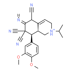 ChemSpider 2D Image | (6E,8S,8aR)-5,7,7-Tricyano-8-(3,4-dimethoxyphenyl)-6-imino-2-isopropyl-1,2,3,5,6,7,8,8a-octahydroisoquinolinium | C23H26N5O2