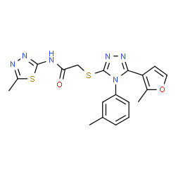 ChemSpider 2D Image | 2-{[5-(2-Methyl-3-furyl)-4-(3-methylphenyl)-4H-1,2,4-triazol-3-yl]sulfanyl}-N-(5-methyl-1,3,4-thiadiazol-2-yl)acetamide | C19H18N6O2S2