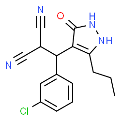 ChemSpider 2D Image | [(3-Chlorophenyl)(3-hydroxy-5-propyl-1H-pyrazol-4-yl)methyl]malononitrile | C16H15ClN4O
