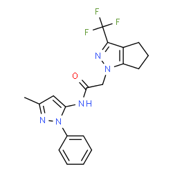 ChemSpider 2D Image | N-(3-Methyl-1-phenyl-1H-pyrazol-5-yl)-2-[3-(trifluoromethyl)-5,6-dihydrocyclopenta[c]pyrazol-1(4H)-yl]acetamide | C19H18F3N5O